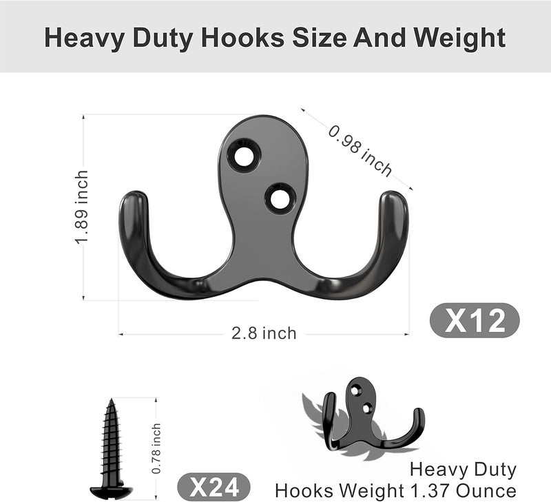 PRIGVOT 12-Pack Heavy Duty Double Prong Coat Hooks, Metal Wall Mounted Robe & Mug Hooks with 24 Screws for Kitchen, Pantry, Bedroom, Bathroom - Image 5